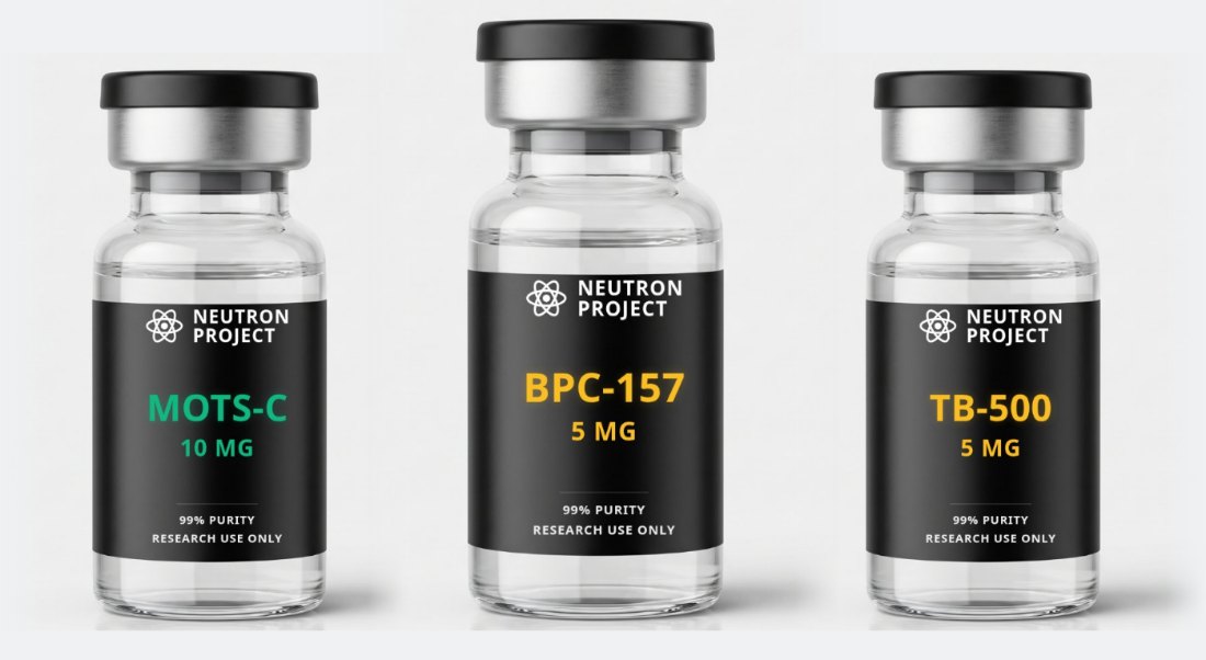 باقة ستاك لزيادة الكفاءة والقوة في التمرين والاستشفاء السريع: فيالات MOTS-C و BPC-157 و TB-500 من Neutron Project